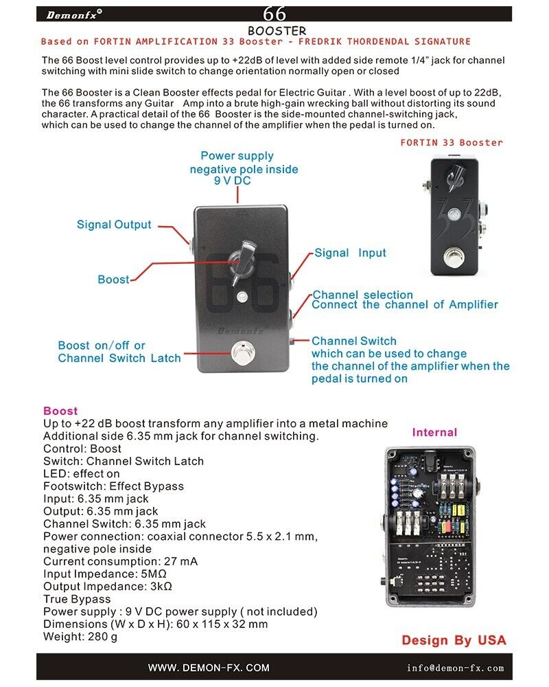 Demonfx 66 Boost Pedal - Clean Boost With +22dB, Channel Switching Jack For Guitar Amps