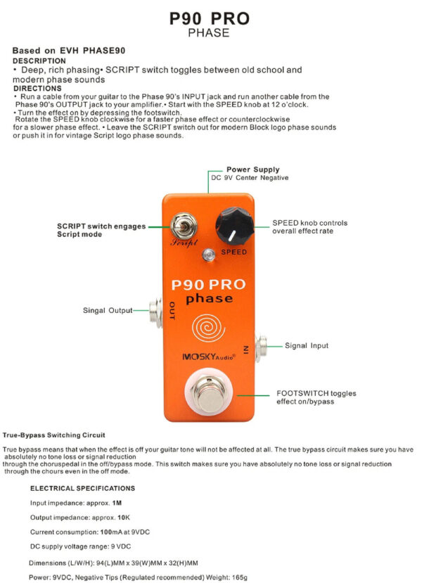 Mosky P90 PRO Phase Pedal Vintage Phaser Guitar Effect Pedal True Bypass - Image 4