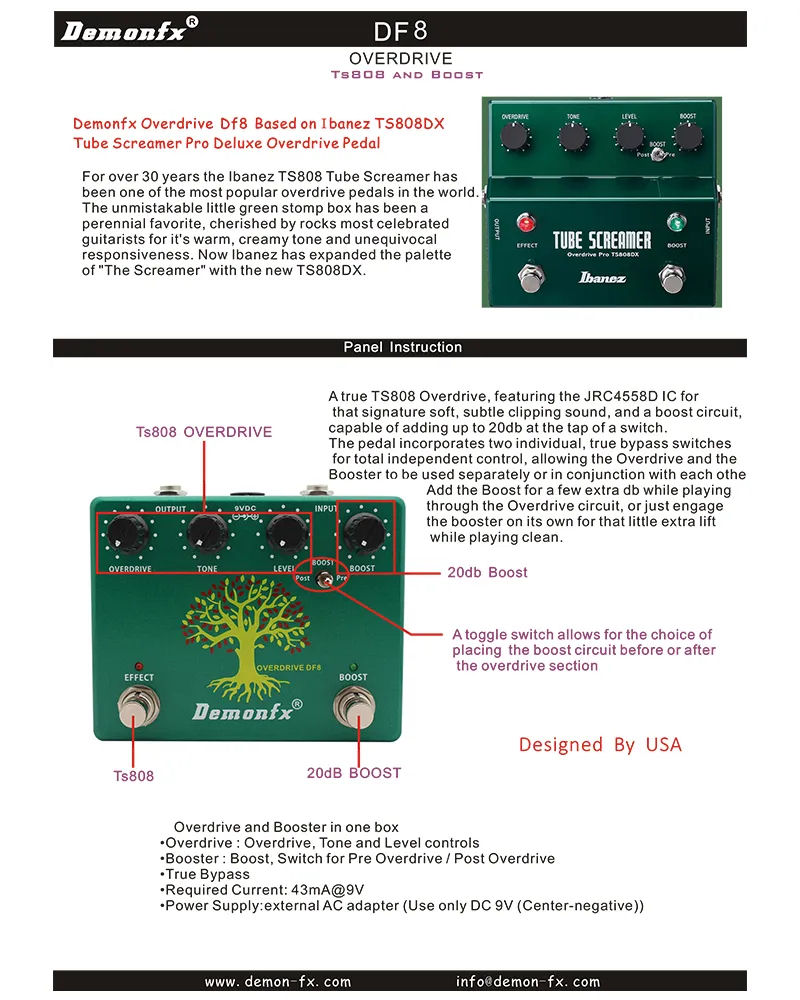 Demonfx DF8 Overdrive + Booster IBZ Style Guitar Effect Pedal - Image 3