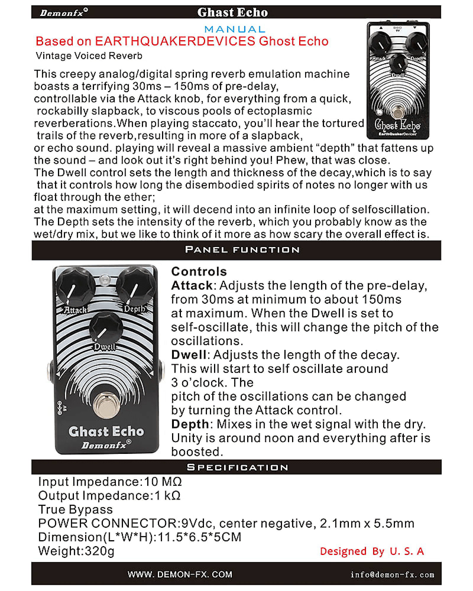 Demonfx Ghast Echo Chamber Springy Reverb Guitar Effect Pedal - Image 4