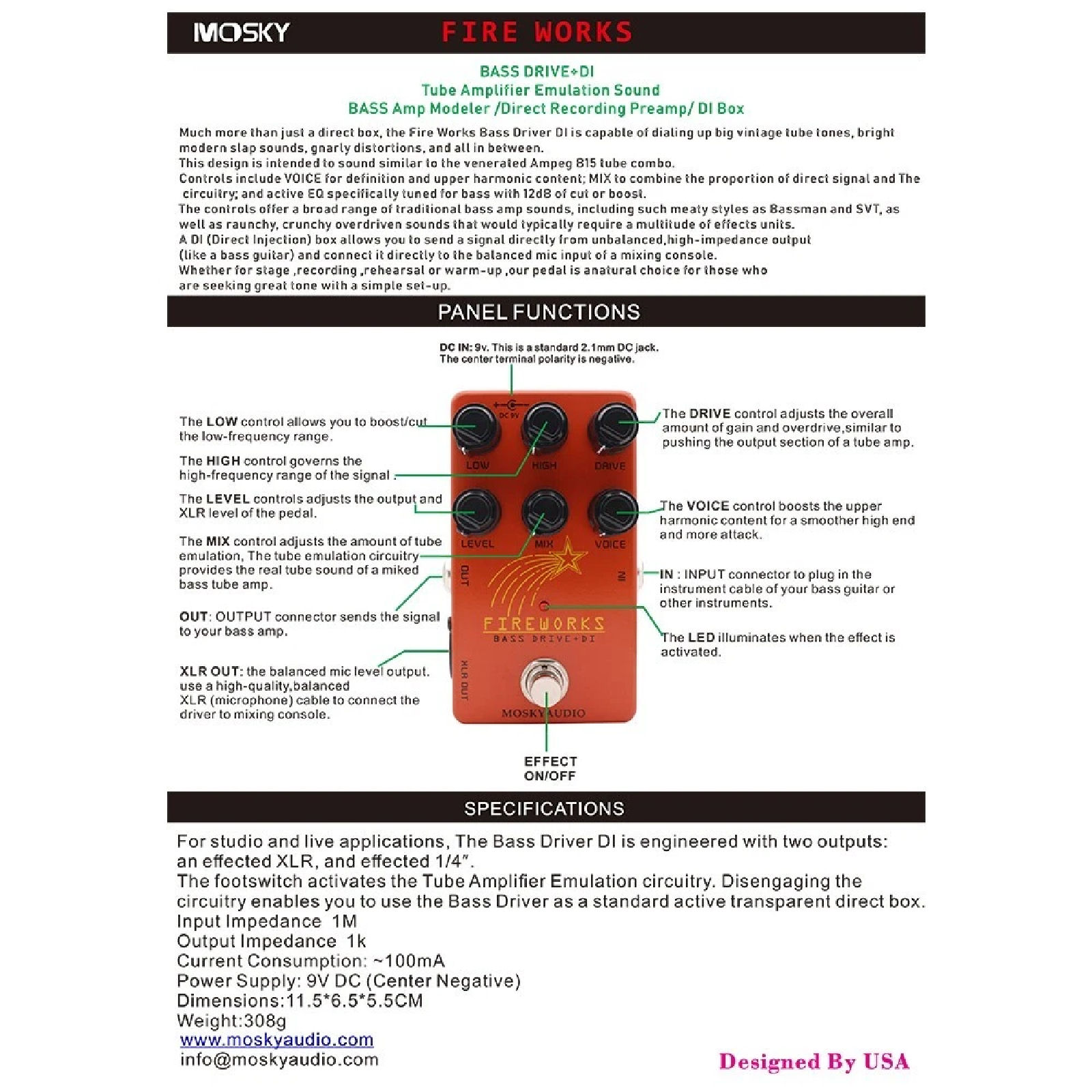 Mosky FIREWORKS Bass DRIVE DI FX Pedal Tube Amplifier Emulation Sound True Bypass - Image 4