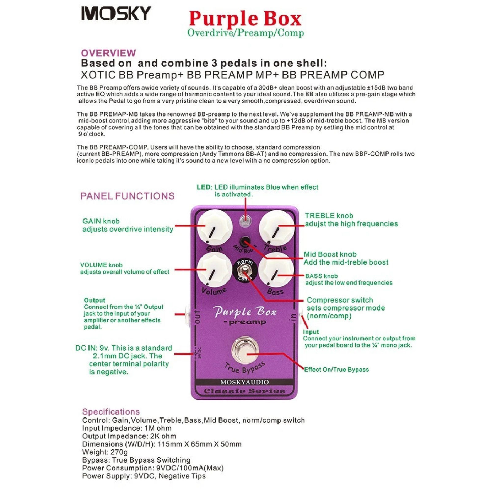 Mosky Purple Box Guitar Effect Pedal Pre-amp Overdrive Booster True Bypass - Image 4