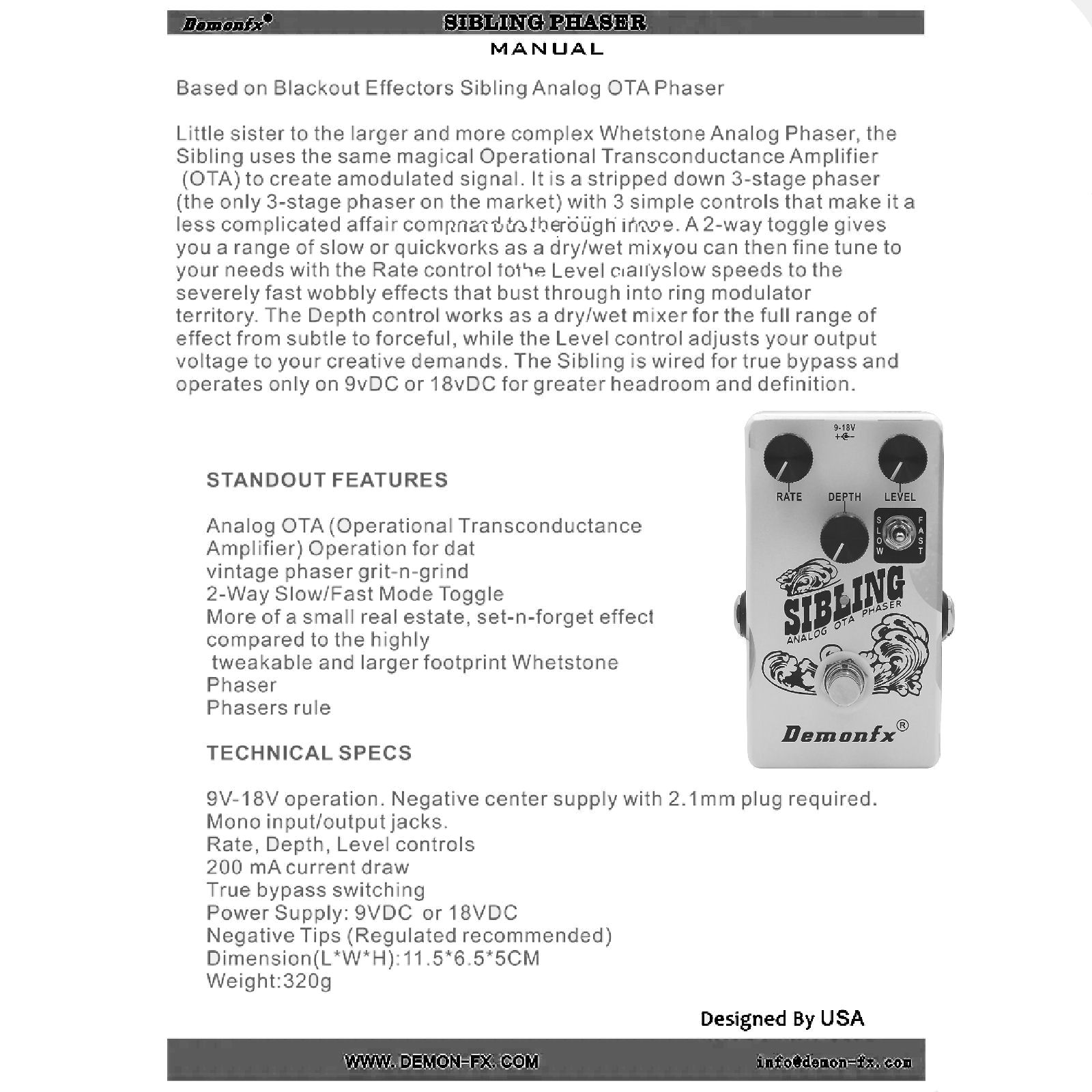 Demonfx SIBLING Analog OTA Phaser Guitar Effect Pedal - Image 4