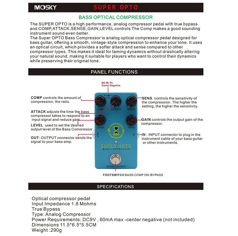 Mosky Super OPTO Bass Compressor Effect Pedal True Bypass - Image 3