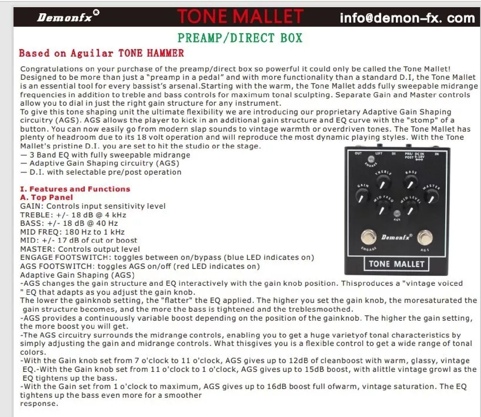 Demonfx Tone Mallet Bass Effect Pedal High quality Tone Mallet Pre-Amp / DI Box - Image 4