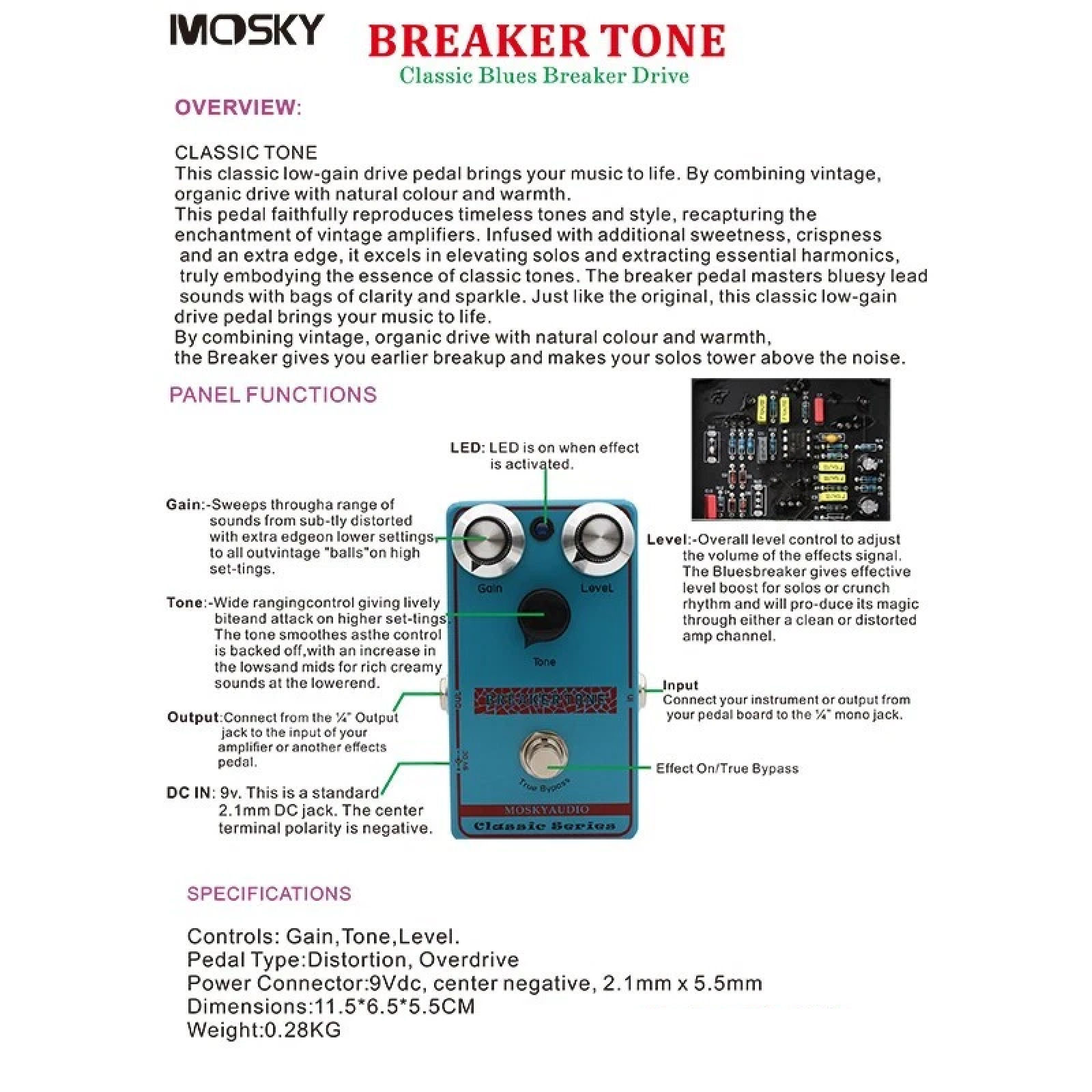 Mosky Breaker Tone Classic Blues Drive Hand-wired Pro Overdrive Guitar FX Pedal - Image 3