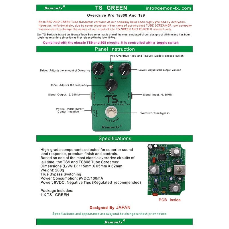 Demonfx TS GREEN Overdrive TS808/TS9 Guitar Effect Pedal Drive Booster - Image 4