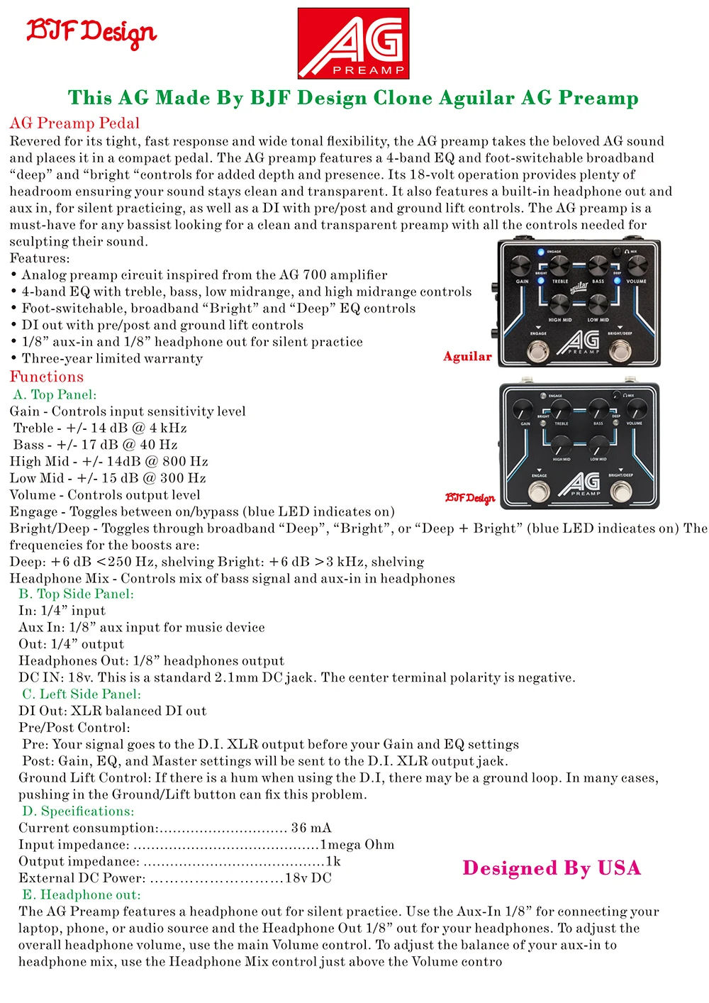 MOSKY AG BASS Preamp Bass Guitar Preamp DI Effect Pedal With Headphone out Aguilar Clone - Image 2