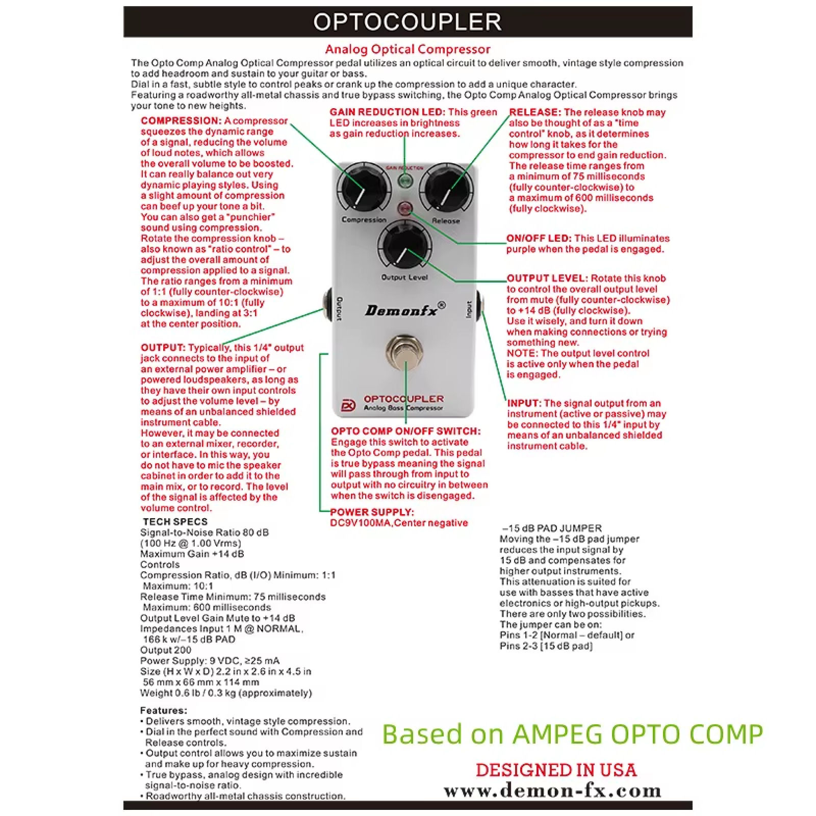 Demonfx OPTOCOUPLER COMPRESSOR Bass Effect Pedal Based on OPTO COMP - Image 3