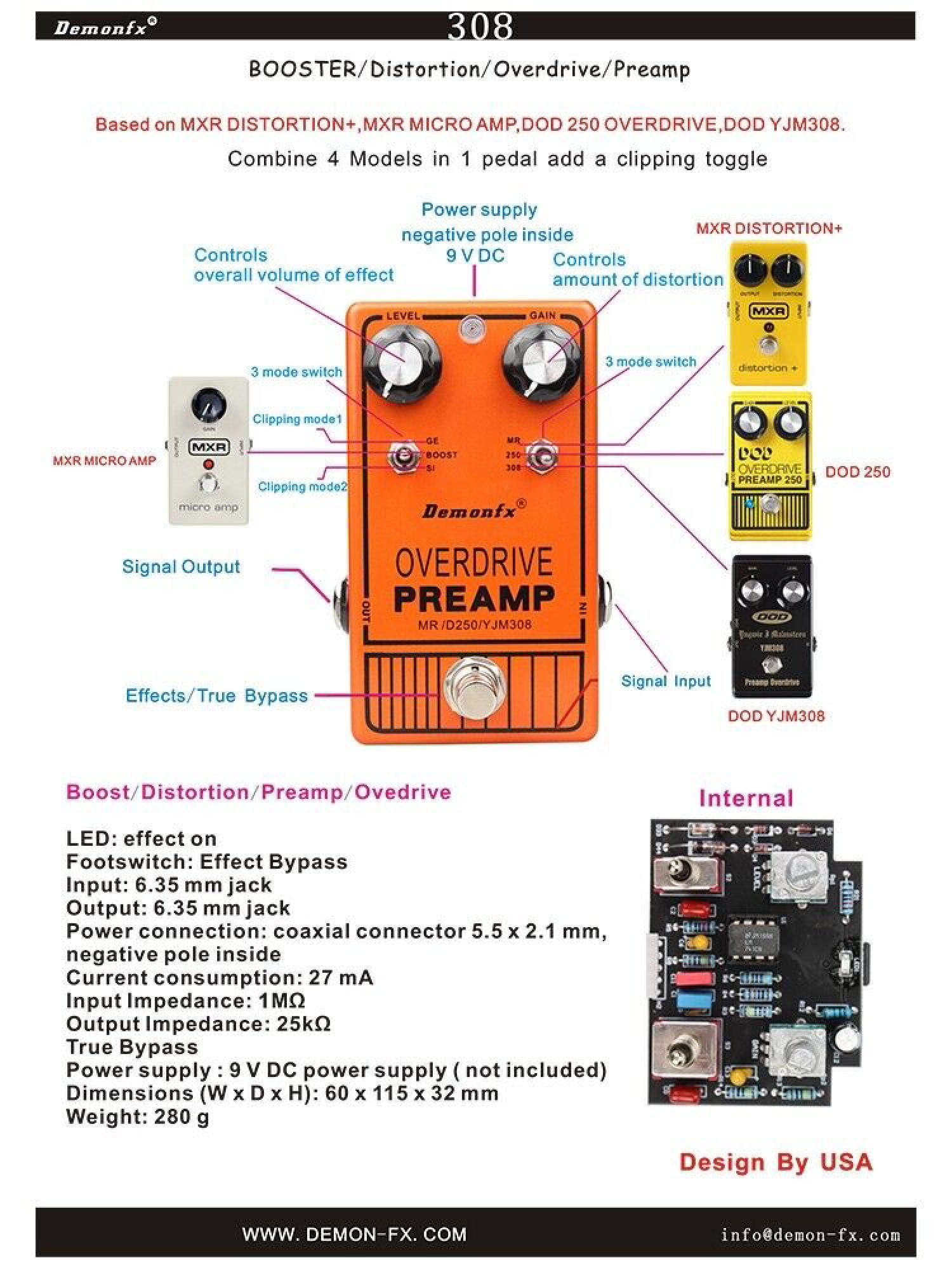 Demonfx YJM308 Multi Toggle Overdrive Preamp Guitar Effect Pedal - Image 4