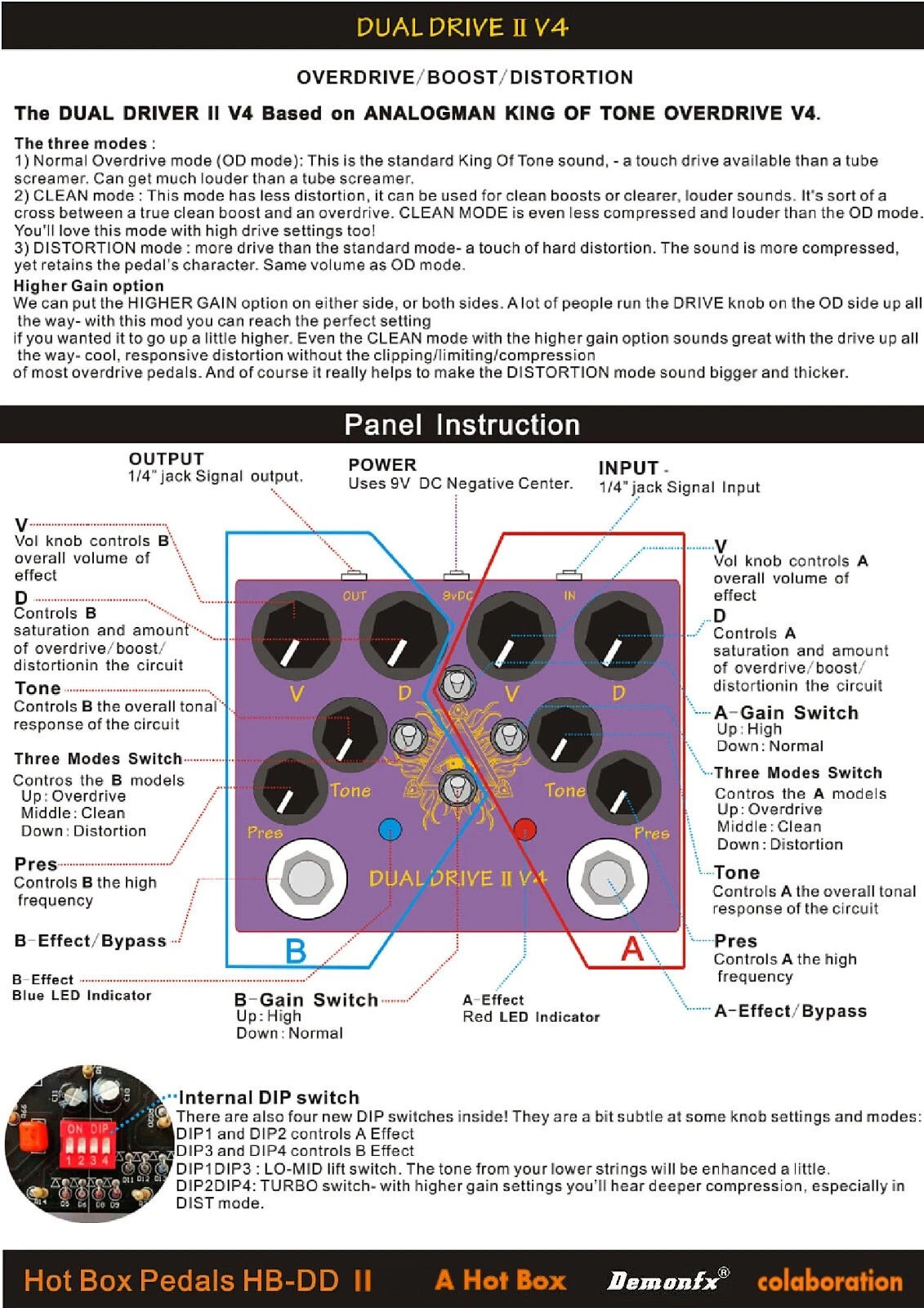 Hot Box DUAL DRIVE II V4 BOOST DIST/ON Pedal 4 DIP + 4 Toggles Bluesbreaker King Of Tone Inspired - Image 4