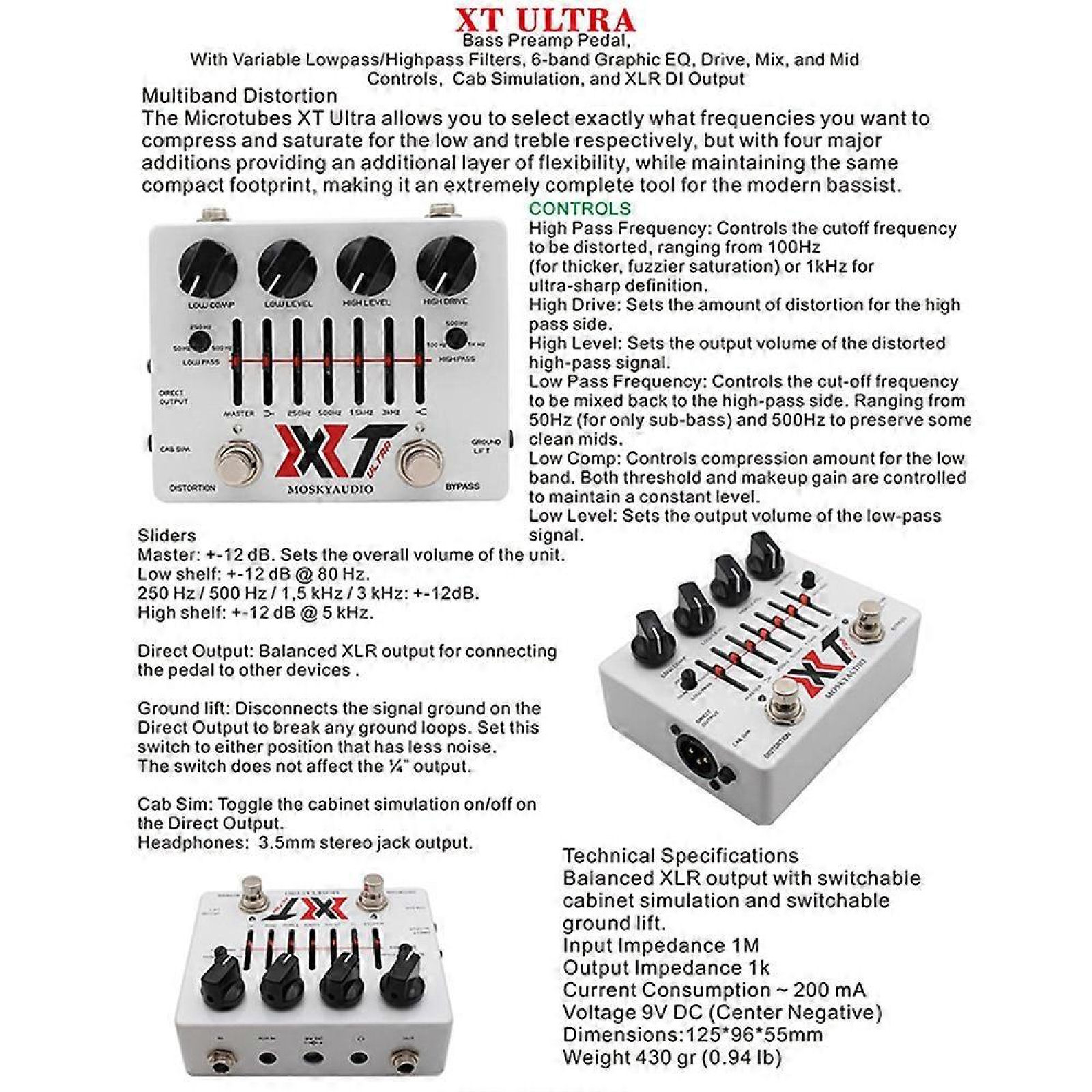 MOSKY XT ULTRA Multiband Bass Distortion Preamp Pedal 6-Band EQ Cabinet Sim - Image 3