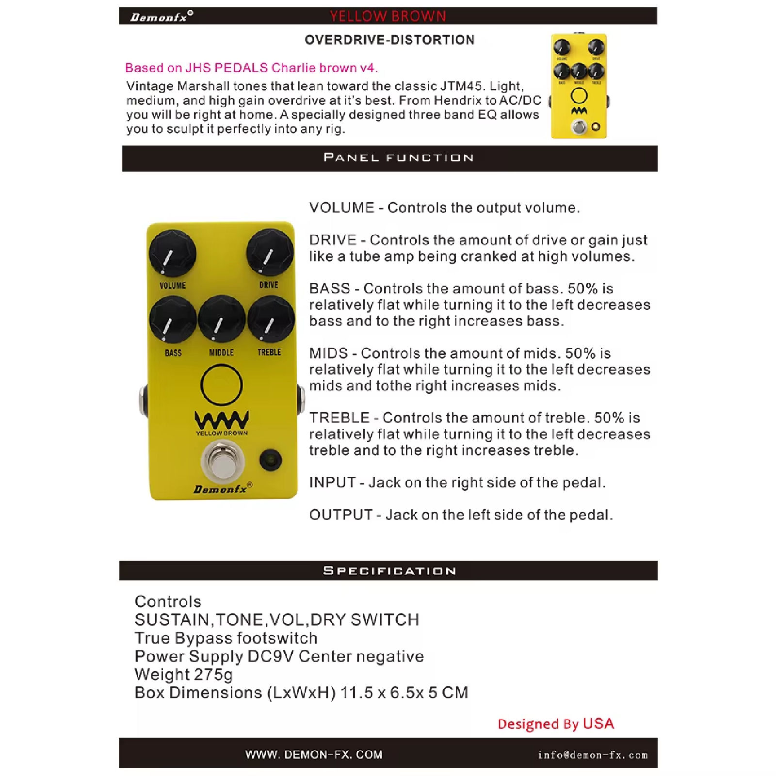Demonfx Yellow Brown Overdrive Guitar FX Pedal 5 Knobs Volume Drive Bass Mid Treble - Image 2